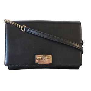 Kate Spade New York Black Leather Crossbody Bag Gold Chain Strap Flip Lock